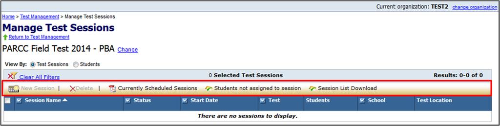 To create a sample test session: 1. In the Training Center, go to the Test Management tab and click Manage Test Sessions. 2. Click New Session. 3. Enter the Session Name.