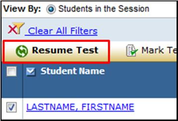 To Resume a Student 1. To resume a sample student, go to the session page and check the box next to the Student Name that needs to be resumed. Then click Resume Test. 2.