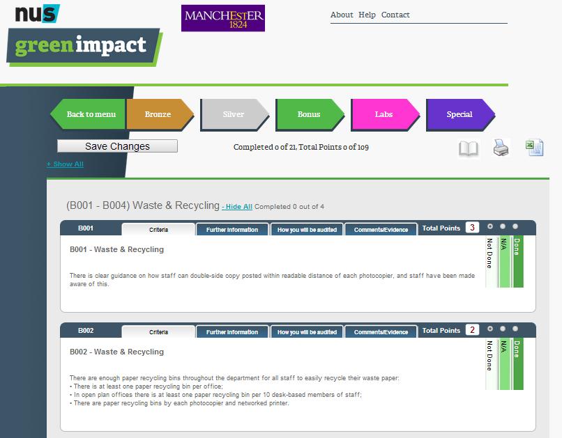 6. Completing Green Impact criteria When you are ready to say you have done a task, simply click on the button to the right of the criteria.
