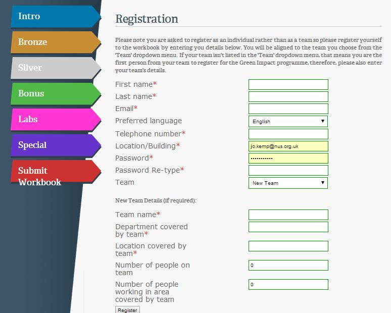 1. Signing up and Logging in You can fill out your details, and either add yourself to an existing team if you are joining a department to take part, or create a new team yourself.