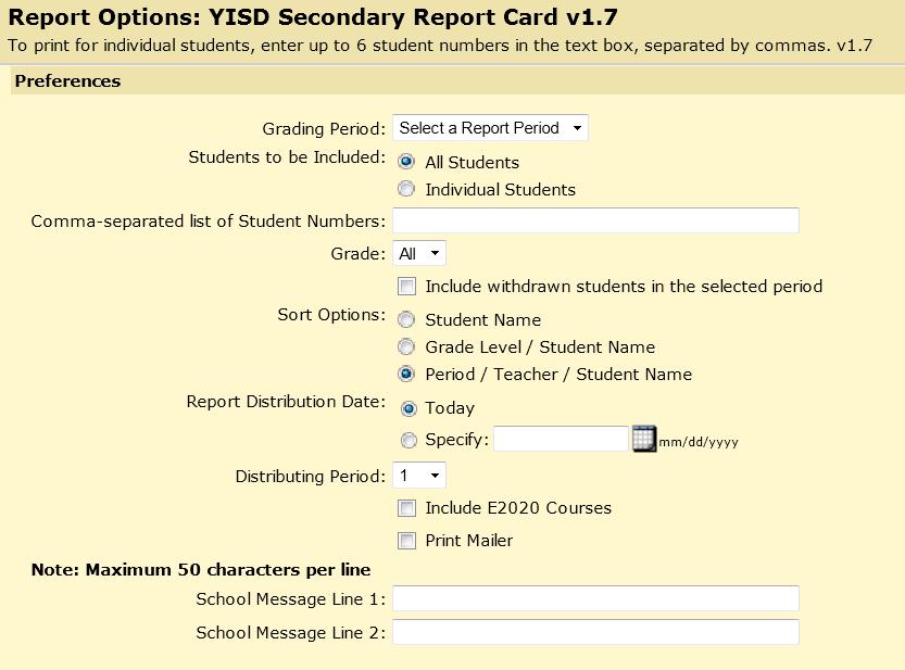 Secondary Progress/Report Card 1. Go to Chancery SMS >> HOME >> Reports. 2. Go to Pearson Customs Reports. 3. Click on the YISD Secondary Report Card v X.X link. 4.