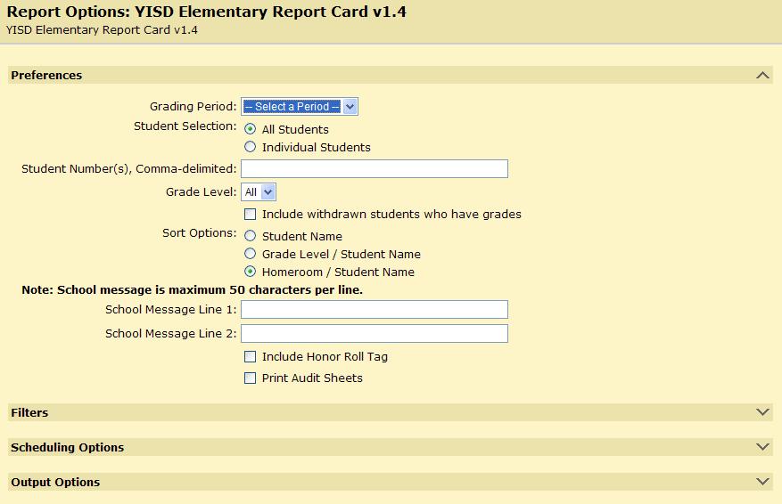 Elementary Progress Report/Report Card 1. Go to Chancery SMS >> HOME >> Reports. 2. Go to Pearson Customs Reports. 3. Click on the YISD Elementary Report Card v X.X link. 4.