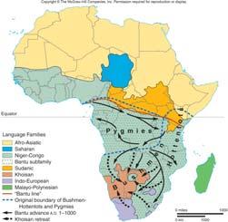 Decline of Khoisan Languages in Africa Bantu Expansion BANTU HEARTH Khoisan (or click ) Languages: unique group of African languages not related to any language family; found mainly in southern
