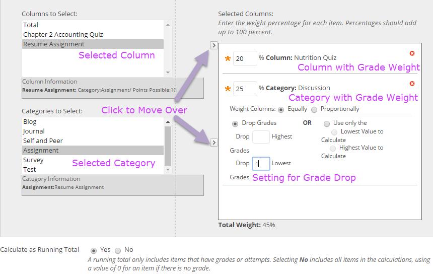 Weighting Grades The Weighted Total column is Automatically created in Blackboard for this purpose. Should you need to create an additional weighting column follow this procedure: 1.