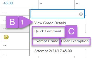 Enter or Change a Grade There are two types of Grades: A) Manual Grades can be entered or changed from the Grade Center view or Grade Details page. 1. Point to and Click in the desired Grade Cell 2.