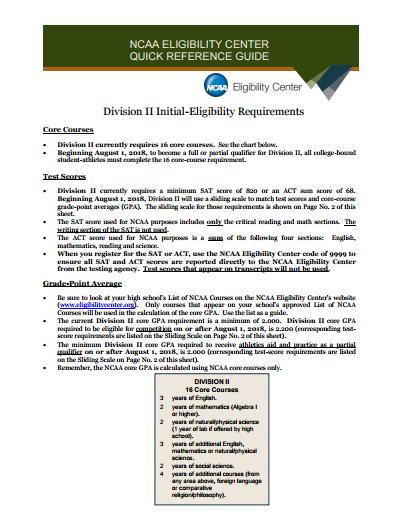 NCAA FRESHMAN-ELIGIBILITY STANDARDS QUICK REFERENCE SHEET- DIVISION II 16 Core Courses (Freshman Class of 2013) 3 years of