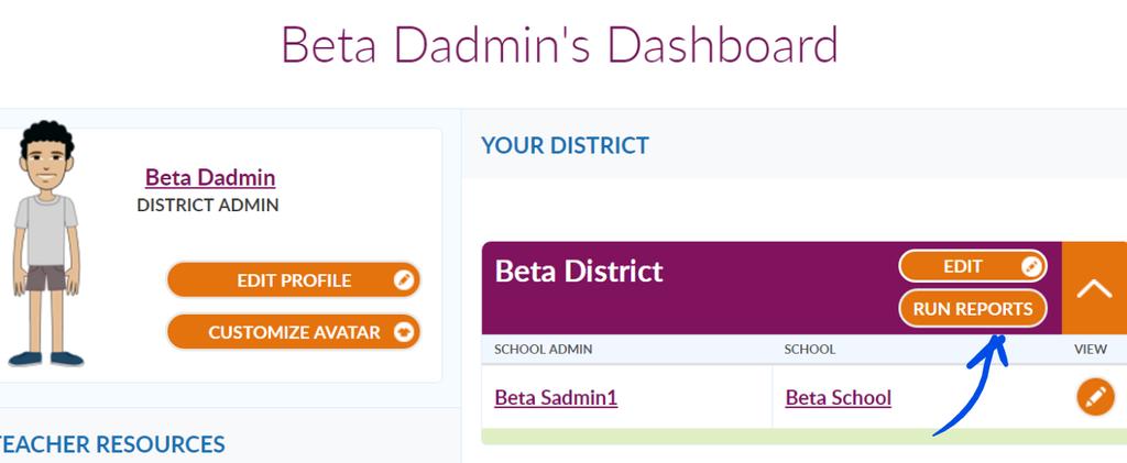 District Information District Admins have access to all the same School, Class, and Individual Reports as School Admins. Those tools are all accessible by clicking the View button next to a school.
