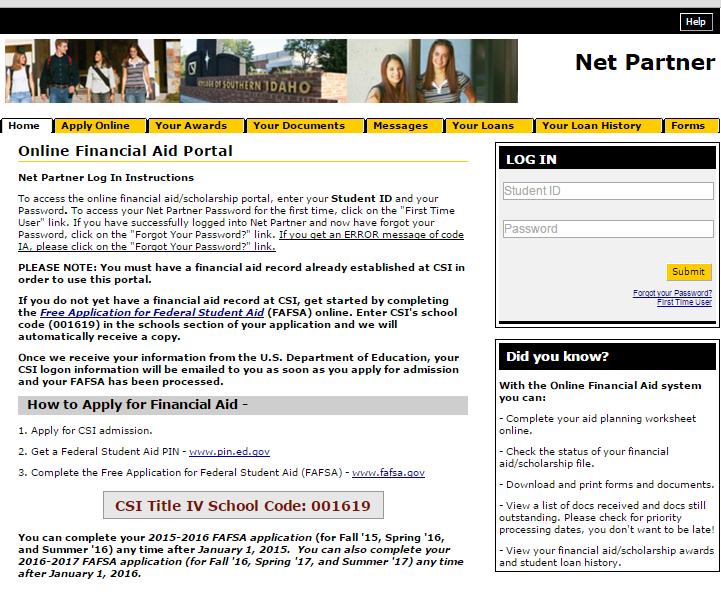 FAFSA Status Login to Net Partner Netpartner.csi.edu 1 st time?