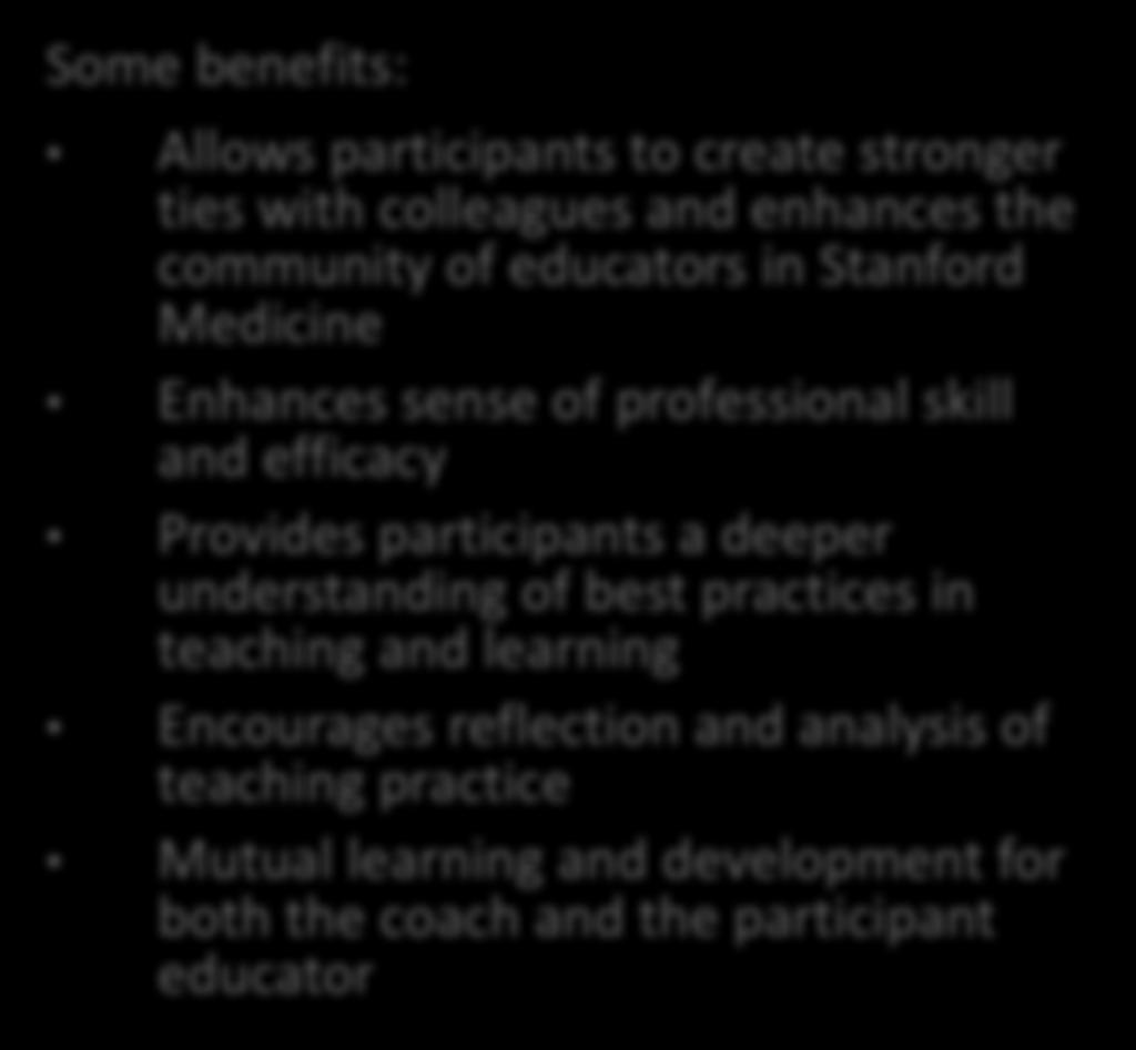 Peer Coaching Program on Teaching and Mentoring Peer coaching is a professional development process in which educators voluntarily work together to improve their teaching and/or mentoring