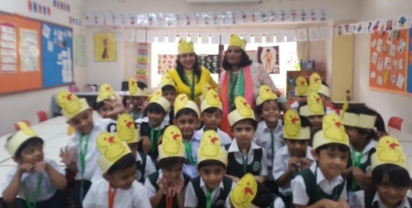 Rhyme with Role Play Five Little Ducks: The students of Pre-KG learned the rhyme, Five Little Ducks from the internet with the help of the teachers
