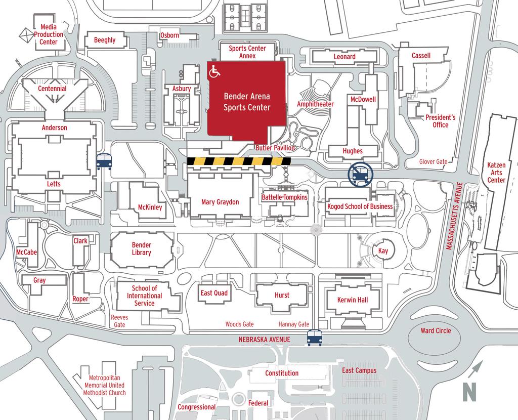 CAMPUS MAP AU shuttle stop for Tenleytown Metro (Red Line) Kogod shuttle stop closed Accessible entrance Route to accessible parking and entrance P Visitor parking with commencement pass