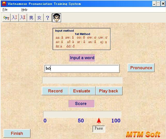 and displays that correctness by points. The user can master the correct pronunciation of the Vietnamese word by repeating above procedure. Figure.2 shows the user interface window of the system. 3.1.