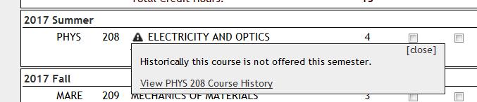 An error symbol next to the total hours for the semester, it is because the maximum credit hours allowed per semester is 19 Move courses to other semesters.