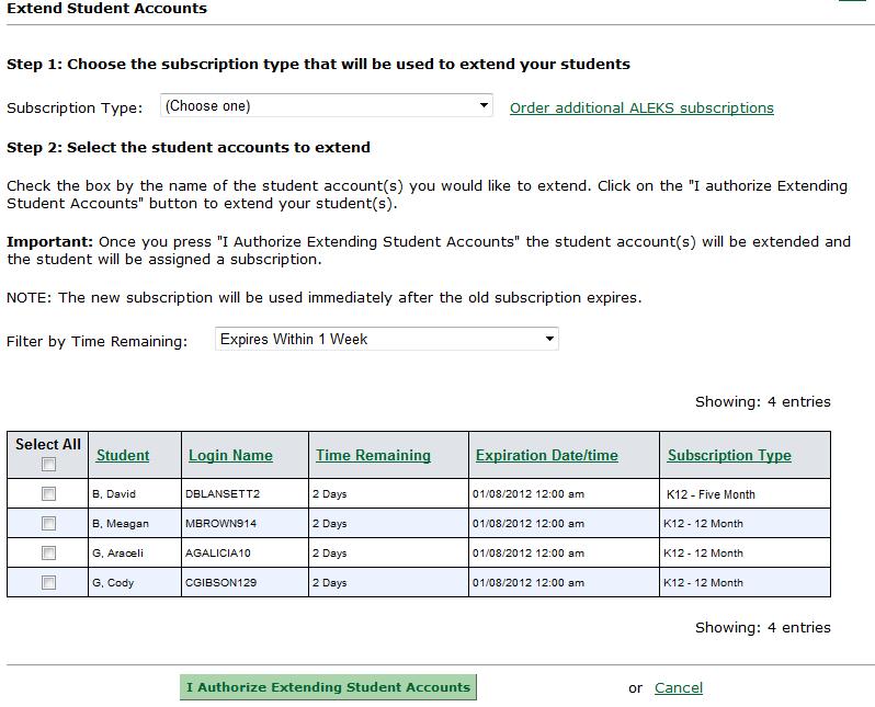 Example of how a Teacher can Extend Student Accounts Example 1: In this scenario a teacher wishes to extend some student accounts that are expiring within a week.