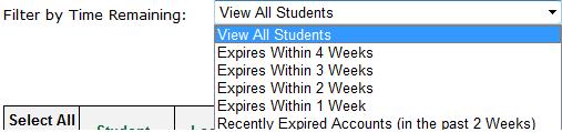 The teacher can use the Filter by Time Remaining drop-down menu to filter student accounts by the week they expire.