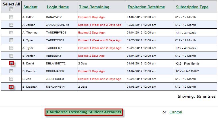 Finally, the teacher receives a confirmation message when the student accounts have been extended. The new expiration date, time, and subscription type will be displayed in the table.