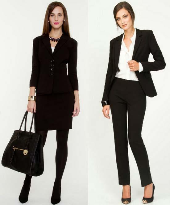 Ladies Pants/suit jacket with a blouse Button down or nice sweater (blues and grays) Skirts at knee length or below with stockings Covered shoulders