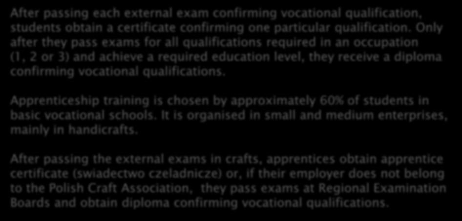 After passing each external exam confirming vocational qualification, students obtain a certificate confirming one particular qualification.