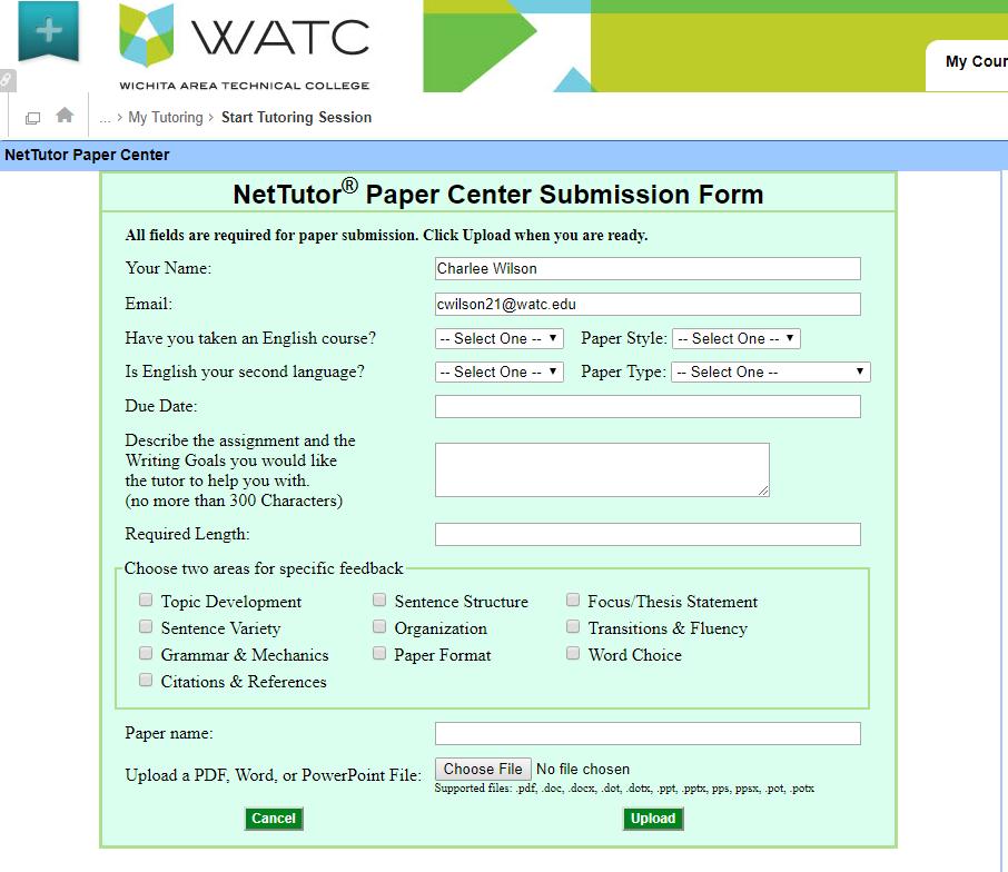 NetTutor Paper Center Submission Form To submit a paper to be reviewed by a tutor you will need to complete the NetTutor Paper Center Submission Form. Each field needs to be completed.