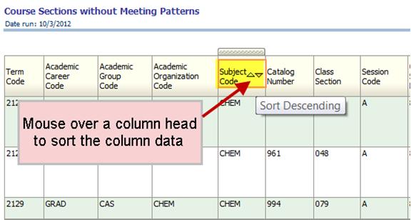 To group the column data, mouse over a column header and select one of the arrows.