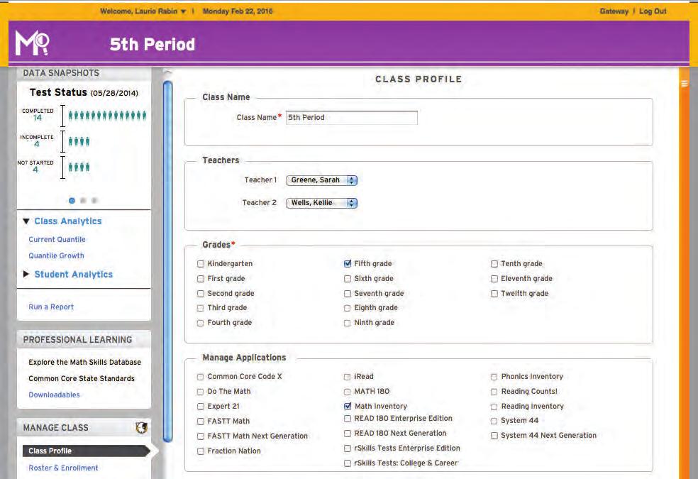 SAM Central & SAM SAM Central Class Profile The Class Profile can be found in the pull-down menu under Manage Class on the SAM Central Home Screen.