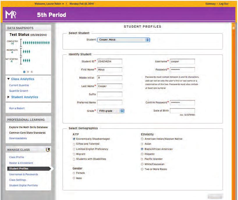SAM Central & SAM SAM Central Student Profiles View individual student profiles, modify usernames and passwords, and select demographic information to be included in report filters.