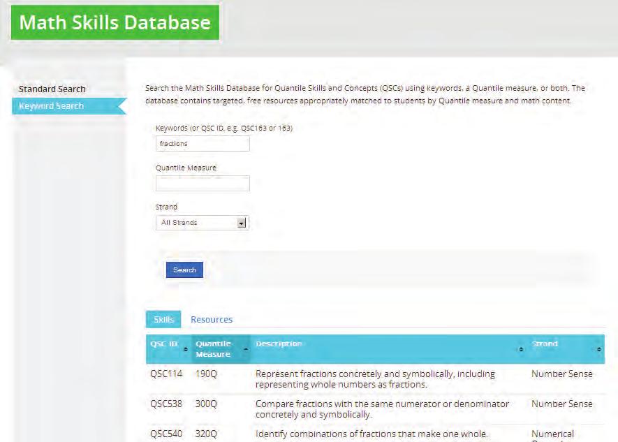 Connecting Assessment to Instruction Learning Resources Math Skills Database Using the Keyword Search Follow the steps below to compare your students Quantile measures with the difficulty level of