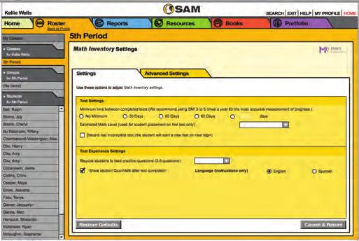 SAM Central & SAM SAM Teacher Settings Teachers can complete the tasks below in SAM Central Class Settings or SAM in order to begin administering Math Inventory.