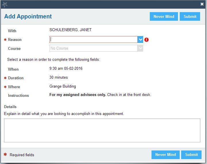 Figure 17: Student view of Add Appointment form The student must enter a Reason from a pull down list.