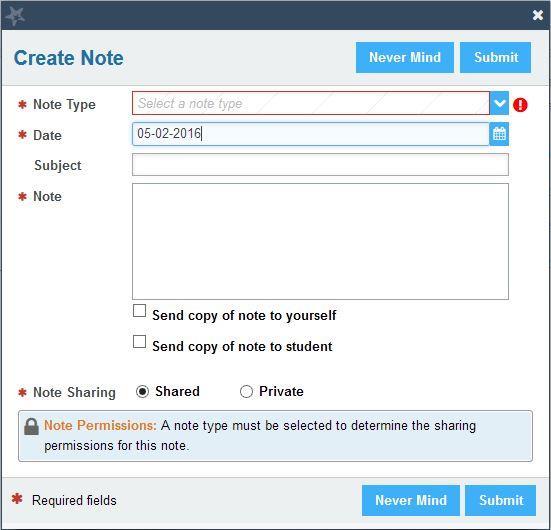 1. To create a note, navigate to the student s folder. Figure 27: Note button in the student folder 2. Click the Note button at the top of the folder. 3.