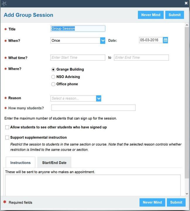 Creating Group Sessions A Group Session is a meeting made available to multiple students, who can sign up ahead of time. Create a Group Session 1. Go to the Appointments page. 2.