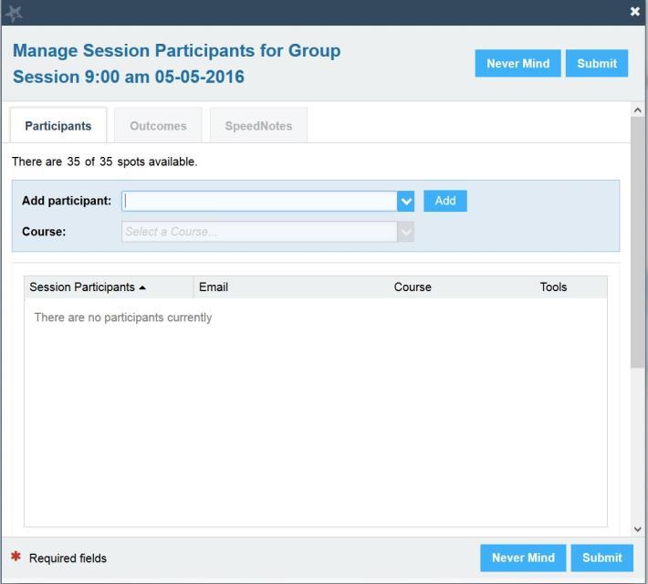 Figure 37: Manage Session Participants form 3. Search for student in the Add participant pull down menu. 4. Click Add. 5. Repeat until all students have been added.