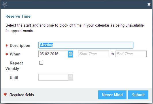 15. Click Submit at the top or bottom of the Create Events form. Creating Reserve Time Reserve Time allows you to take away online availability from a previously created block of appointments.