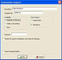 To Edit an Attendance Export Setup 1. Open SiteManager and click Exports Manager. 2. Click Add on the Manage Exports dialog to create a custom export. 3. Type a Description for the export. 4.