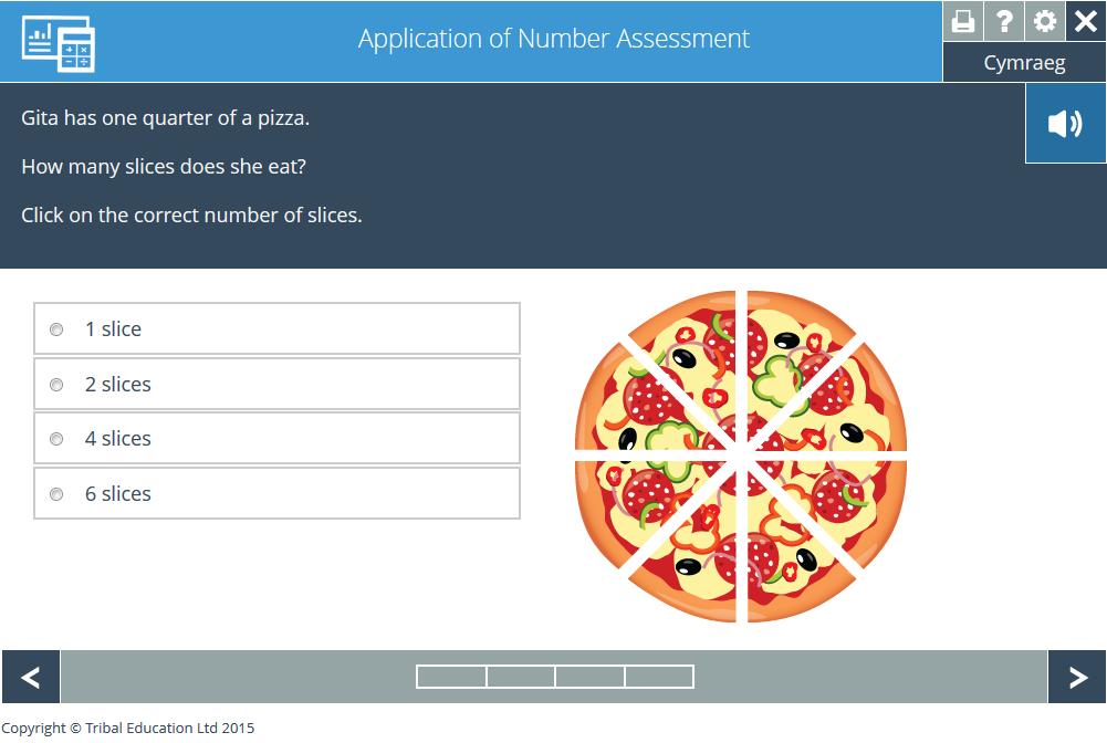 Example questions from the Communication (English) Assessment and Application of Number Assessment. The learner can press the Settings button to change various settings.