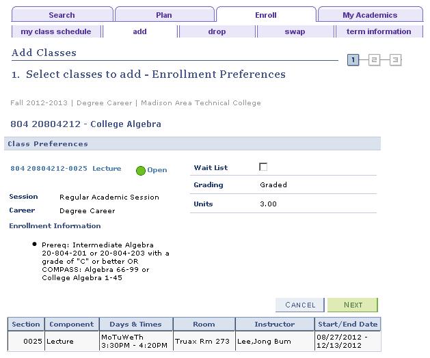 STEP 5: Here is a typical Search Results page. If more than one course comes up in the search, the student must use the small arrows to toggle through the class results.