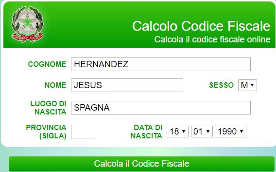 Step 1.1: Taxpayer number An italian tax code is needed. It may be obtained on this site http://www.codicefiscale.