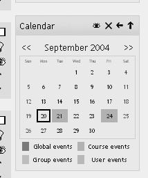 1.9.2 Calendar The calendar shows events that are happening in your classroom. Events are added to the calendar, and can be for individual users, for your defined groups, or for your courses.