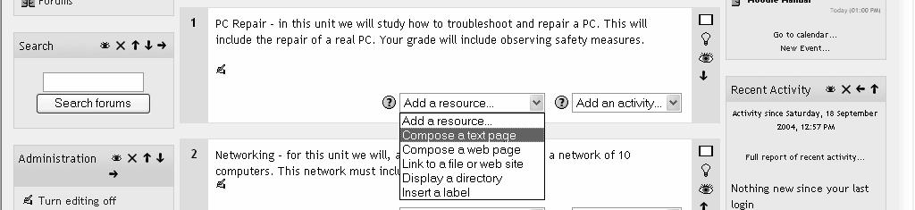 The Add a resource menu contains: Compose a text page Compose a web page Link to a file or web site Display a directory Insert a label 2.1.