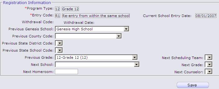 5. Set the Next School field. This causes the screen to refresh. 6. Locate and set the Next Grade field: 7.