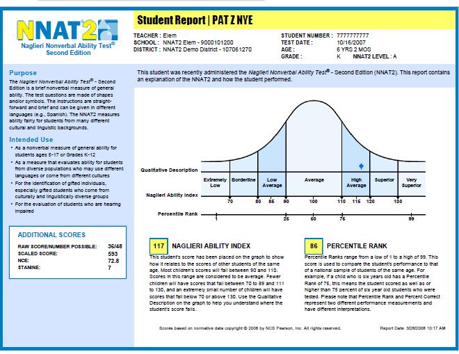 After Testing Typically within an hour of completing the assessment, the GT Assessor can print an NNAT2 Student Score Report in either English or Spanish.