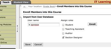 Other WebCT Requirements The two other WebCT requirements include that you have to add w.apresox as a Section Designer and you have to have the calendar feature available for your class to use.
