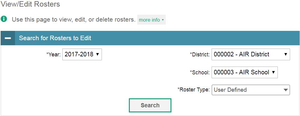 Working with Student Rosters Figure 44. View/Edit Roster Page 2. Click Search for Rosters to Edit panel, enter the necessary search criteria to search for rosters. 3. Click Search. The list of retrieved rosters appears (see Figure 45).