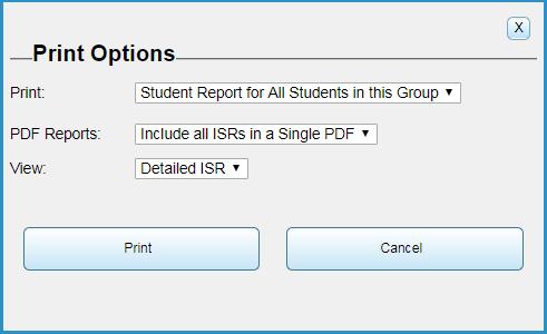 Printing Reports in the ORS 2. From the Print drop-down list, select Student Report for All Students in this Group. Additional drop-down lists appear (see Figure 54).