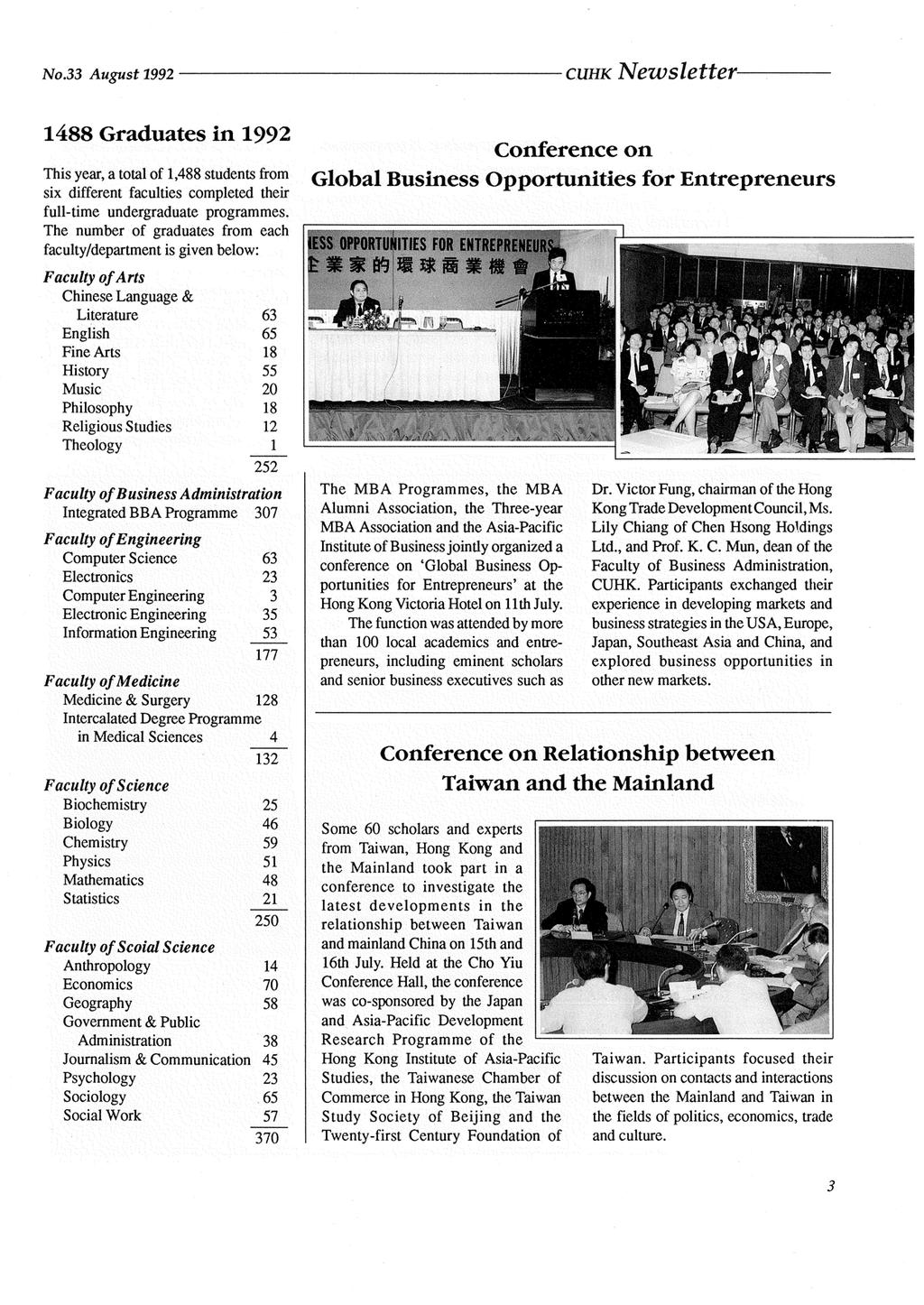 No.33 August 1992 CUHK Newsletter- 1488 Graduates in 1992 This year, a total of 1,488 students from six different faculties completed their full-time undergraduate programmes.