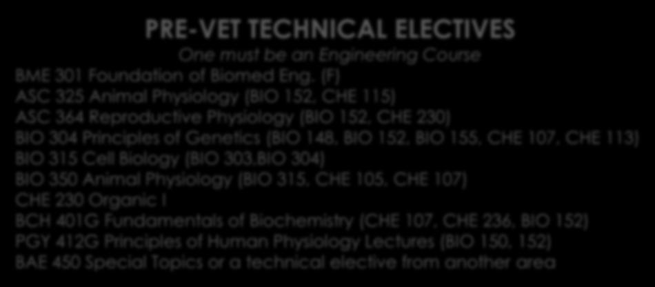 PRE-MED / PRE-VET PRE-MED TECHNICAL ELECTIVES One must be an Engineering Course BME 301 Foundation of Biomed Eng.