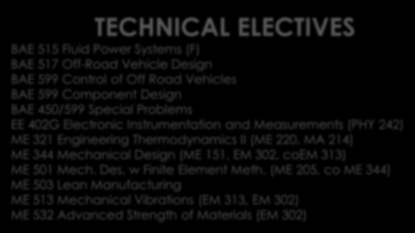 MACHINE SYSTEMS TECHNICAL ELECTIVES BAE