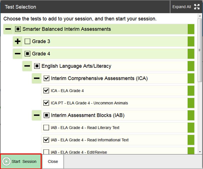 A Session Attributes box automatically appears that allows you to select a test reason from the Interim Assessment Test Reason drop-down menu.