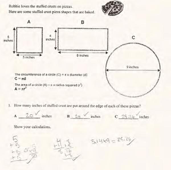 Looking at Student Work on Pizza Crusts Student A shows work clearly, even giving an alternative strategy for 1a. Read the explanation in part three for finding the circumference.