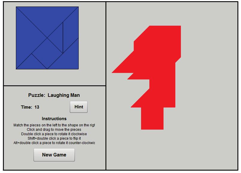 The Tangrams Game In Tangrams, the player gets a set of shapes (triangles, parallelograms, etc.) of various sizes in blue. The player must use the shapes to fully cover the image in red on the right.